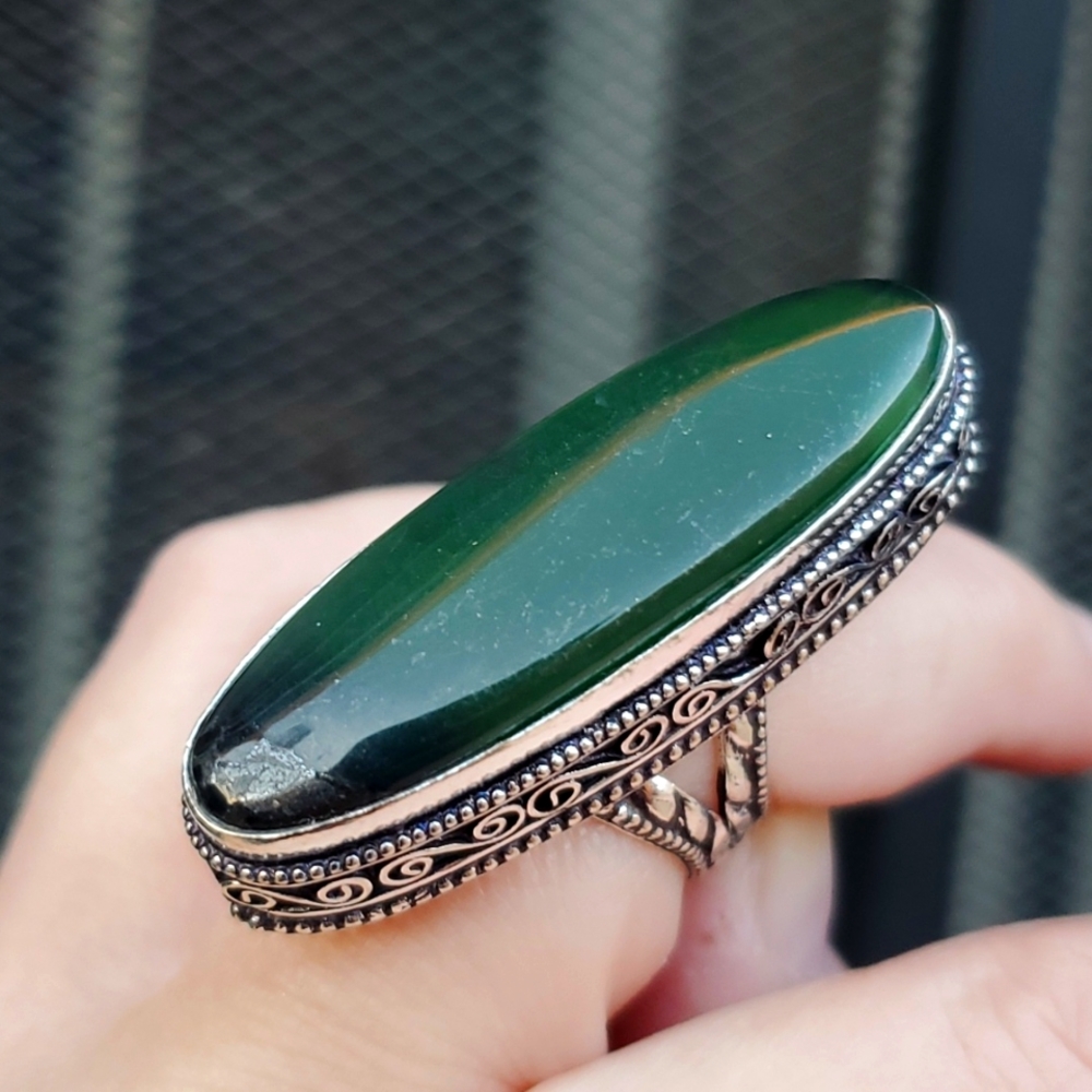 New Oversized Nephrite Jade 925 Silver Ring.